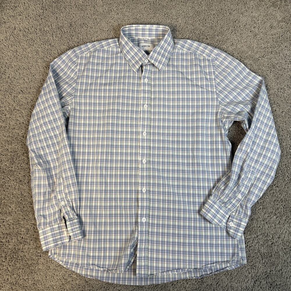 Hyden Yoo Shirt Mens L Blue Long Sleeve Button Up Plaid Cotton Regular Collared